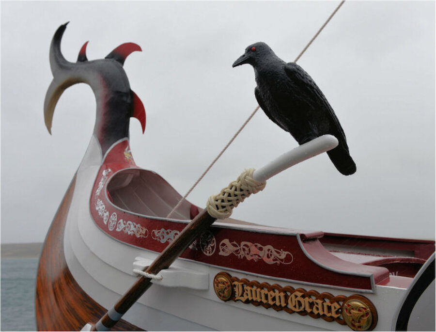 The raven - the Up Helly Aa symbol - is traditional but this (very static) bird is a relatively recent addition to the galley. Notice the craftsmanship that goes into every detail.