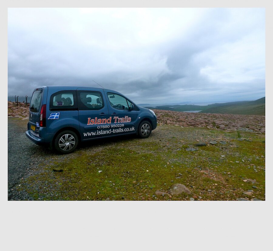 The uber comfy Berlingo on top of Collafirth Hill - what views!