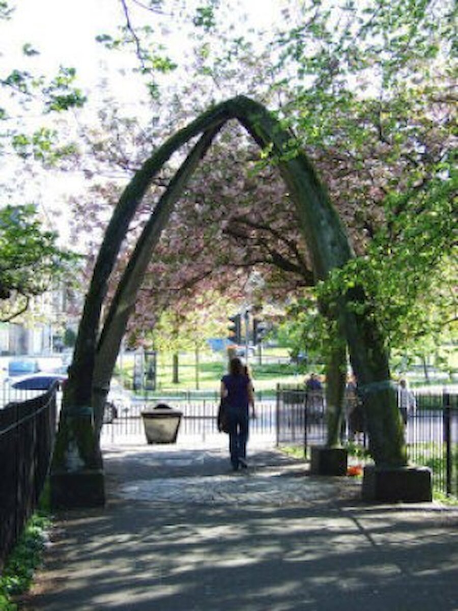 Shetland knitters’ gift to Edinburgh: the jawbone arch at the city’s Meadows. (Courtesy Edinburgh World Heritage)