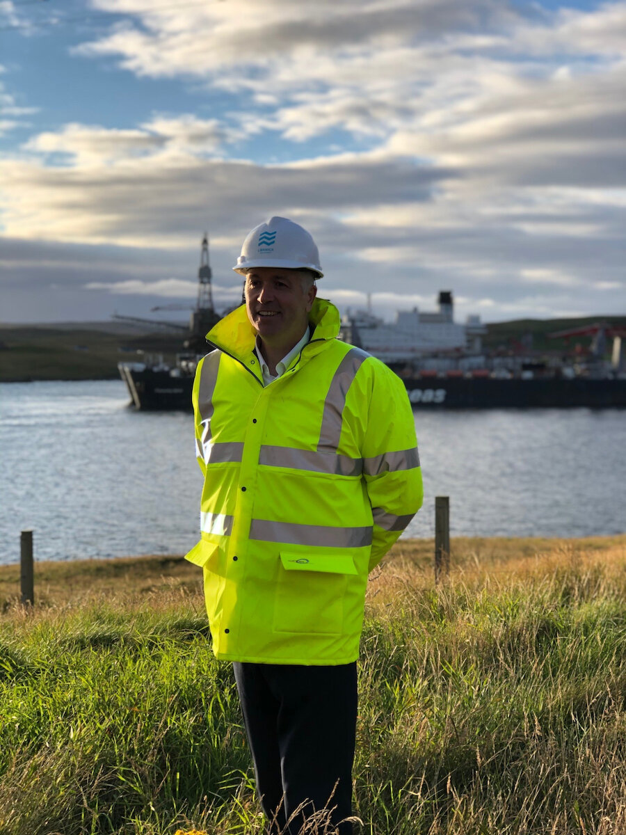 Calum Grains is delighted as the Ninian North platform arrives in Lerwick on board the Pioneering Spirit.