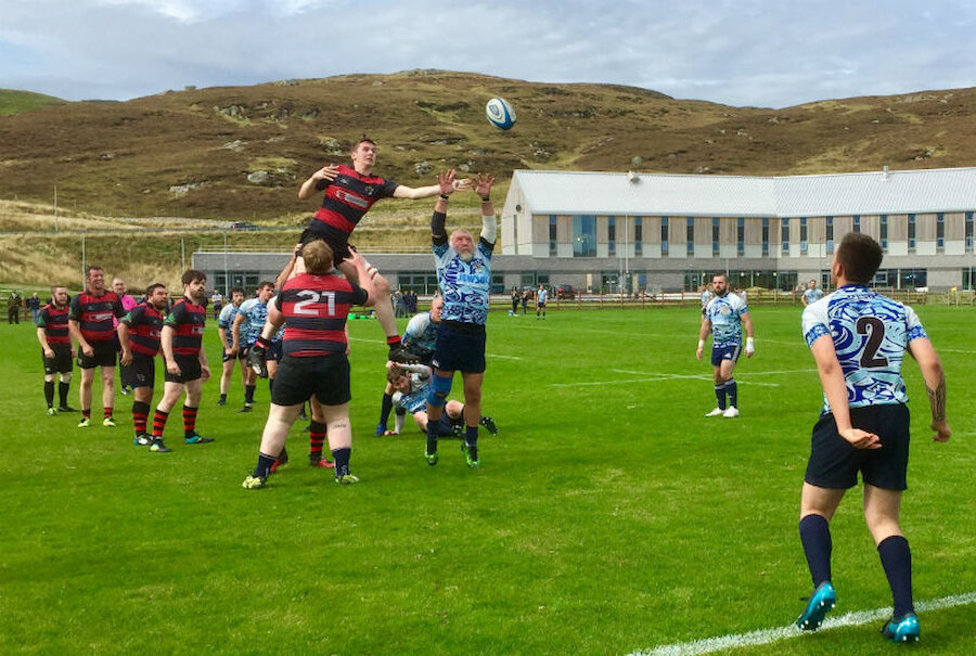 Lineout action during a rugby match at Clickimin, Lerwick (Courtesy Alastair Hamilton)