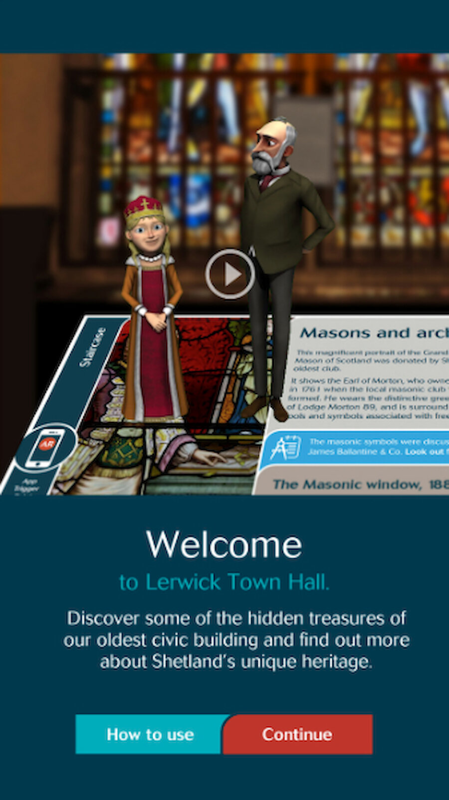 The app also features the animated characters of Margaret, the Maid of Norway and Arthur Laurenson, whose ideas were so important in the decoration of the building (Courtesy Shetland Islands Council)