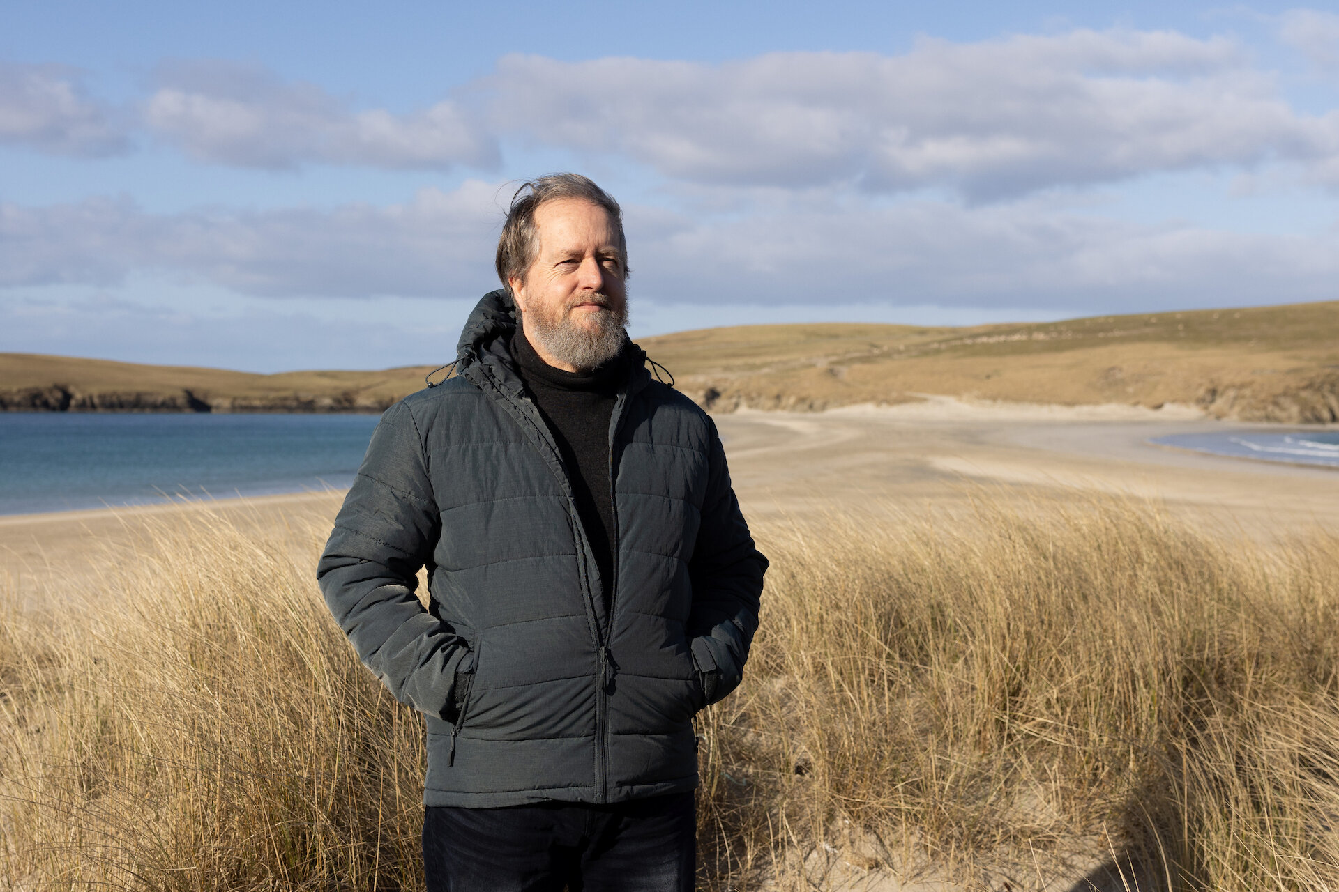 Prof Andrew Jennings at the iconic St Ninian's Beach in Shetland's South Mainland.