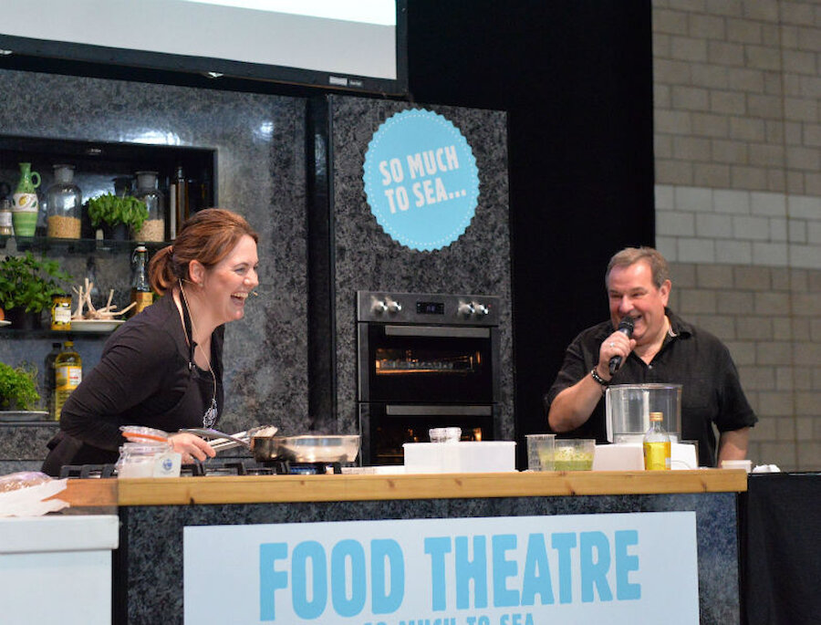 Caroline Tait and compere Davie Gardner share a joke during her 2016 cooking session (Courtesy Alastair Hamilton)
