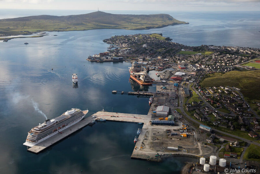 An aerial view of the new pier, with a cruise liner alongside (Courtesy Lerwick Port Authority)