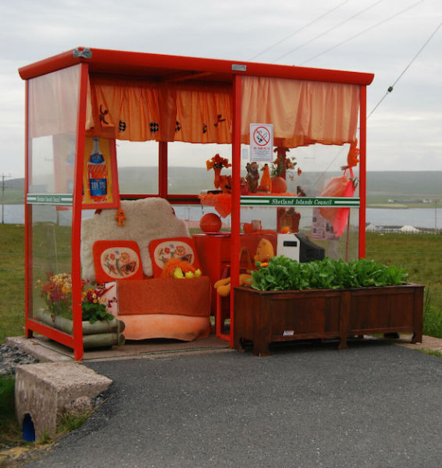Possibly Britain's most comprehensively-furnished bus shelter, at Baltasound in Unst (Courtesy Alastair Hamilton)