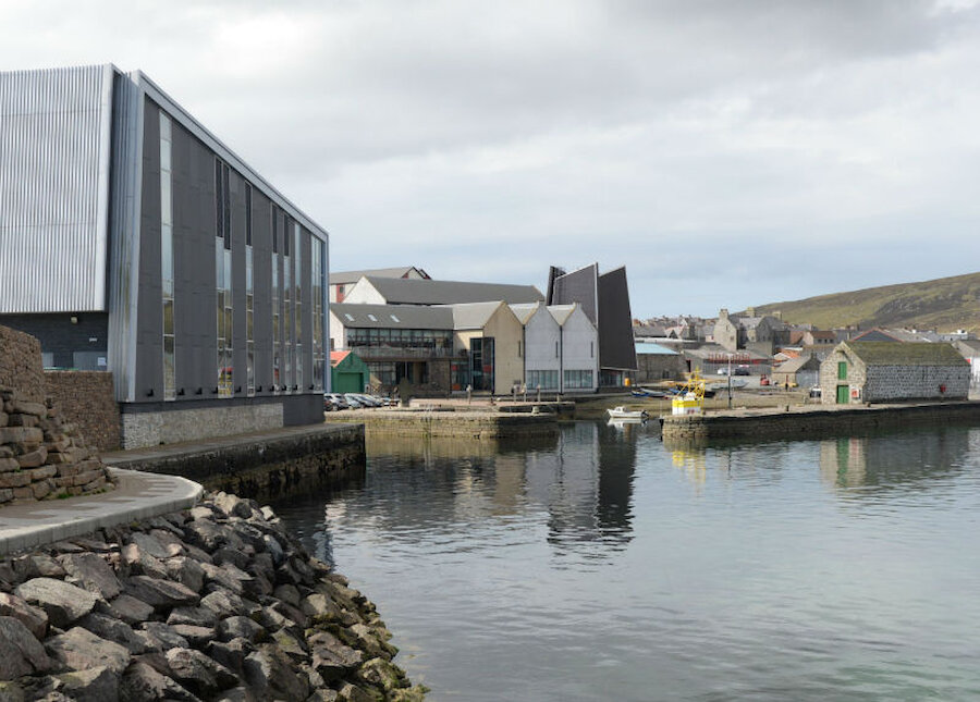 Mareel (on the left) and the Shetland Museum beyond stand beside the early 19th century Hay's Dock (Courtesy Alastair Hamilton)