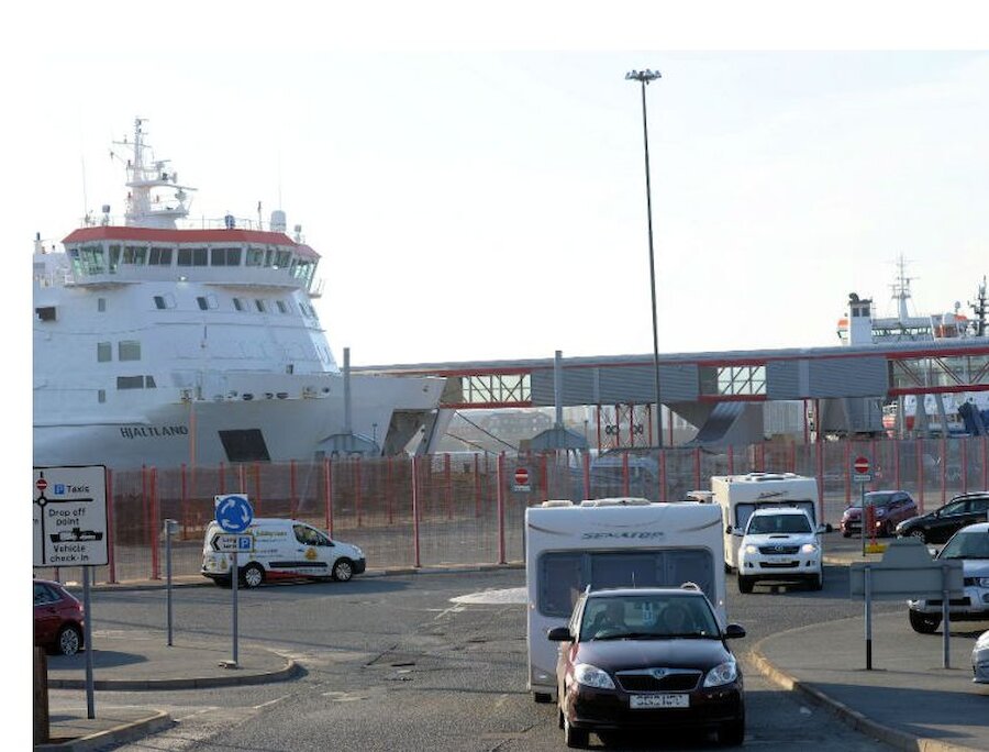 Caravans that have travelled from Aberdeen or from Kirkwall in Orkney disembark from the overnight ferry (Courtesy Alastair Hamilton)