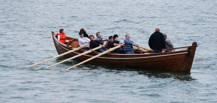 The Vaila Mae, owned by Shetland Museum and Archives, is a sixareen (six-oared boat). Earlier generations of Shetlanders fished many miles offshore in these vessels.
