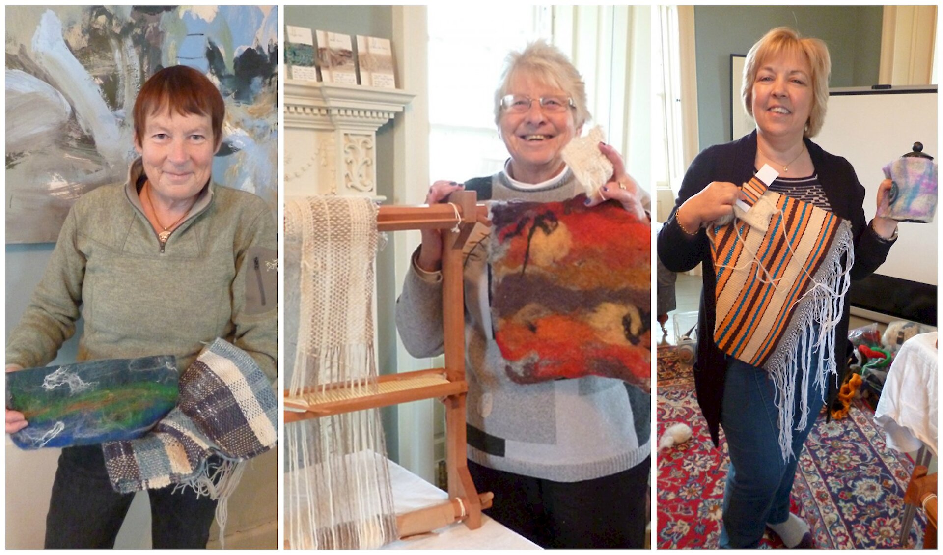 Penny, Pauline and Gill with their weaving and felt creations.