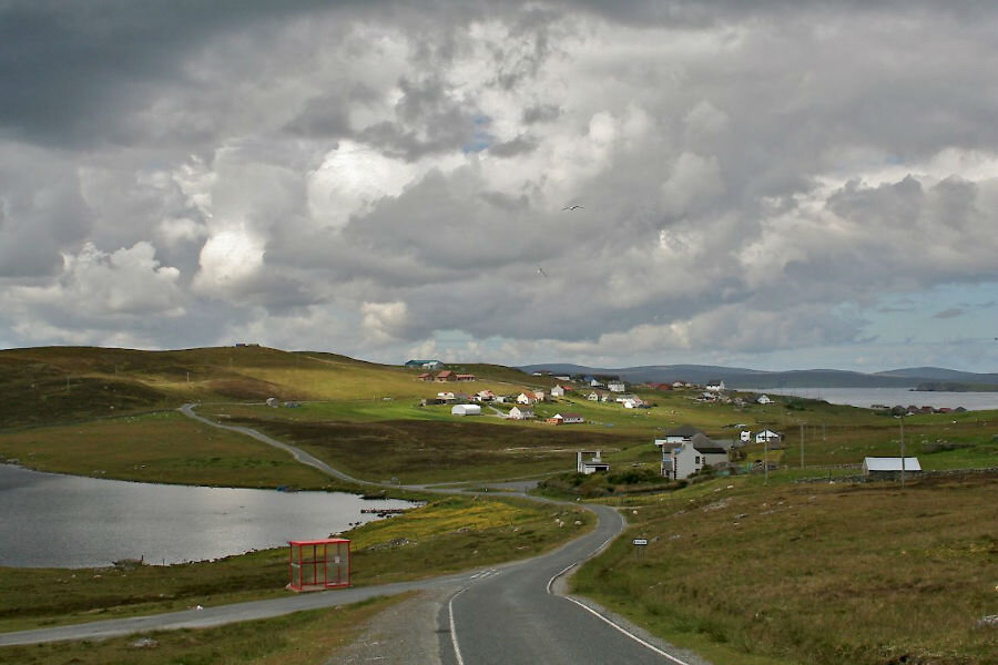 Whalsay's landscape is a rolling one, with patches of green, fertile land and heather moorland. (Courtesy Promote Shetland)