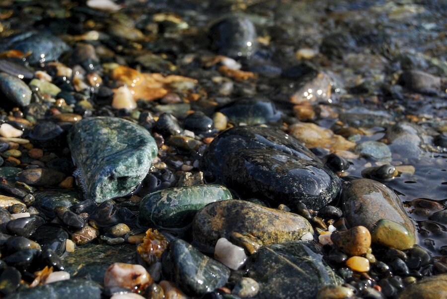 Beautiful colours are found in the serpentine pebbles at this beach at Clibberswick, Unst (Courtesy Alastair Hamilton)