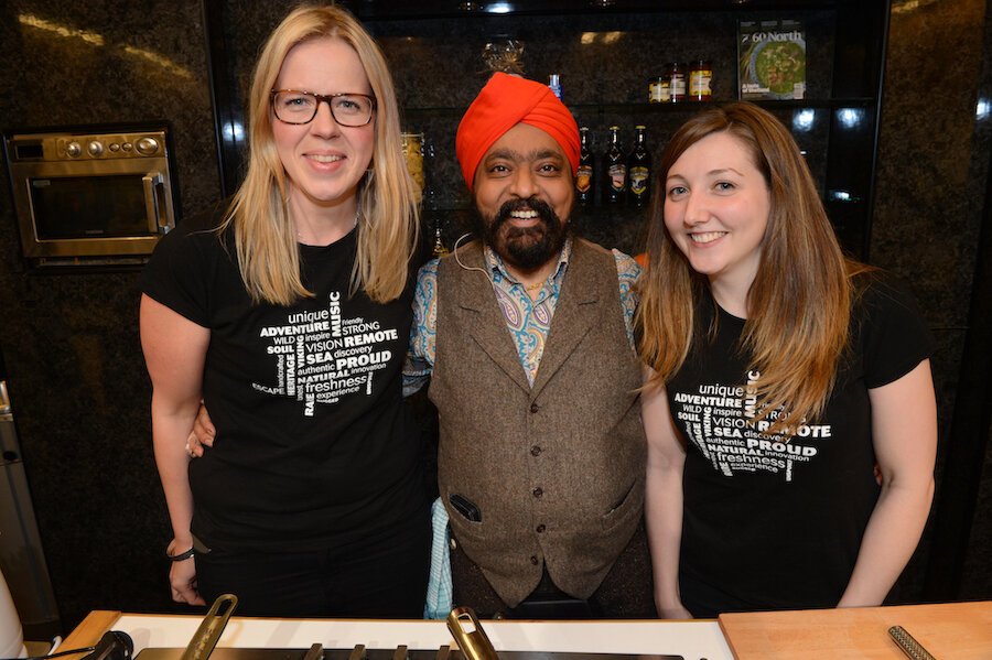 Misa Hay (left) and Kirsty Halcrow from Promote Shetland with celebrity chef Tony Singh