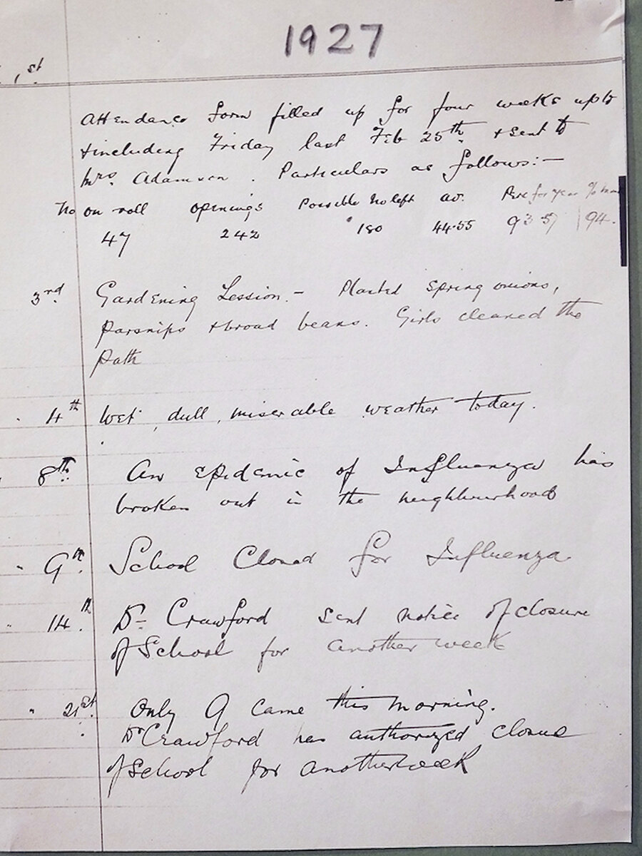 1927 Lunnasting School log book showing spring onions, parsnips and broad beans were planted during a gardening lesson