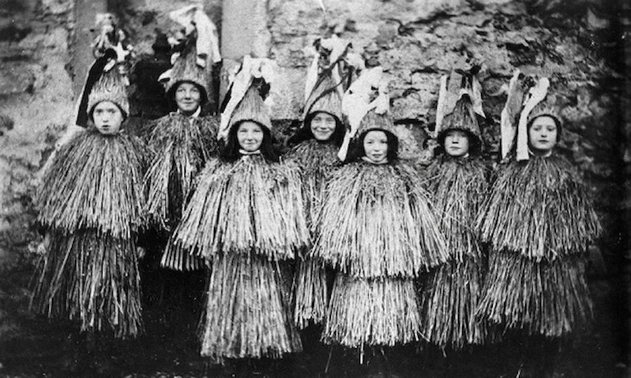 Up Helly Aa squad dressed as skeklers, photo from Shetland Museum & Archives