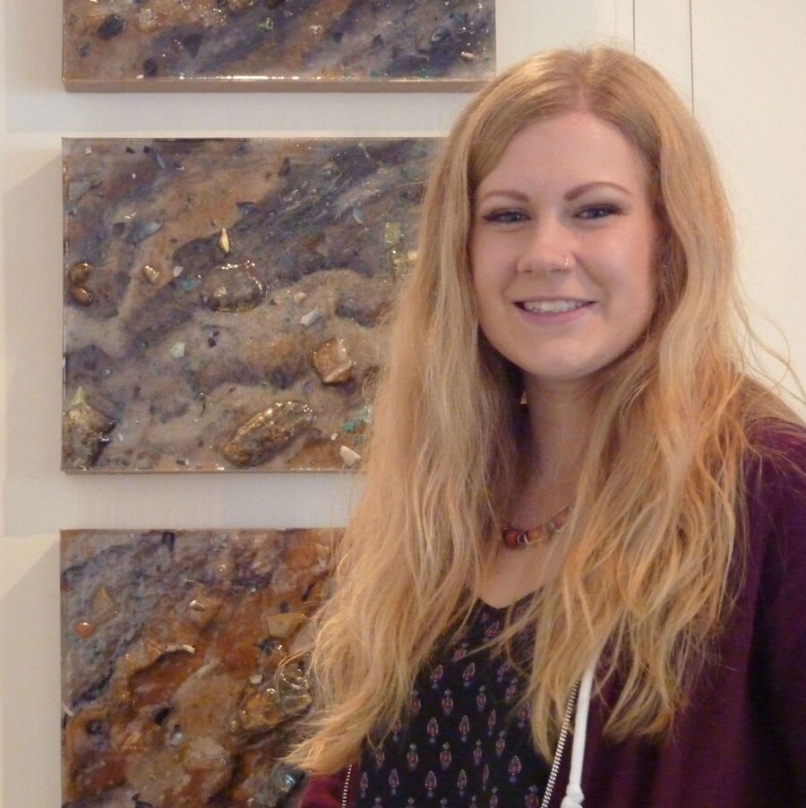 Vivian Ross- Smith in front of her artwork, Tectonic, produced as part of her Visual Art and Craft Award, 2013, and currently showing at Bonhoga Gallery. (Courtesy Shetland Arts)