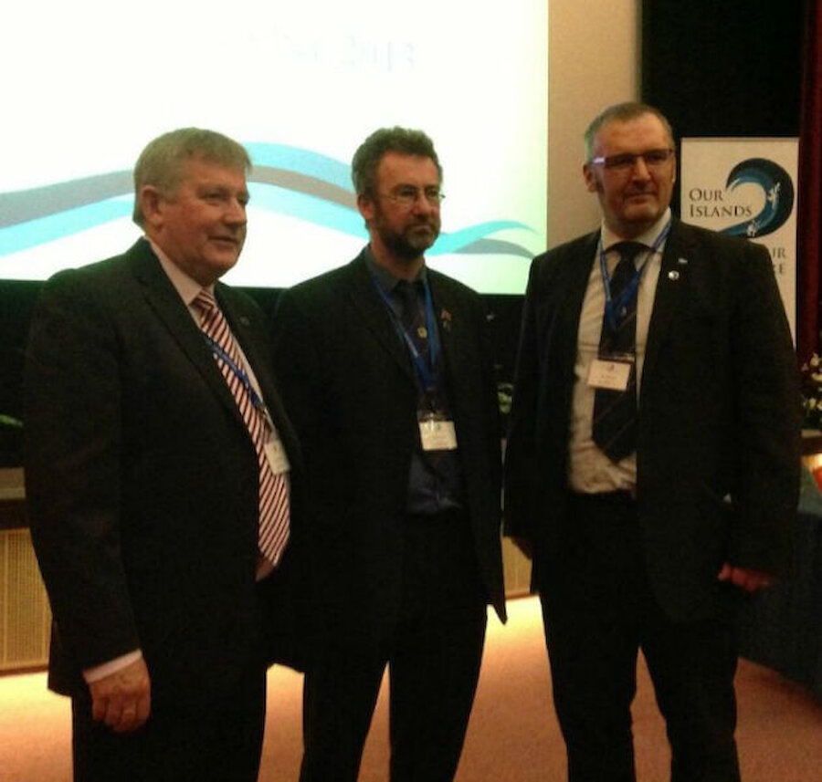 Angus Campbell (left), Steven Heddle (centre) and Gary Robinson (right), pictured at a conference on 'Our Islands, Our Future' earlier this year. (Courtesy Orkney Islands Council)