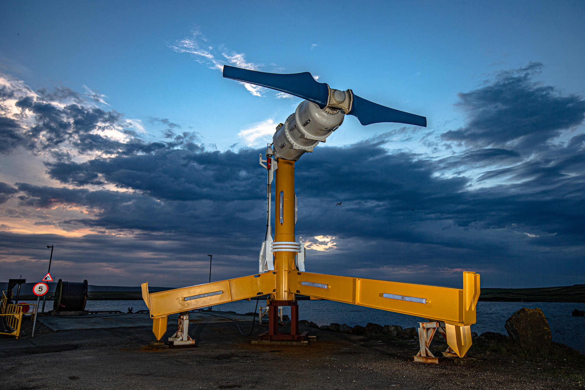 Nova Innovation's fourth turbine, waiting to be installed in Bluemull Sound, August 2020