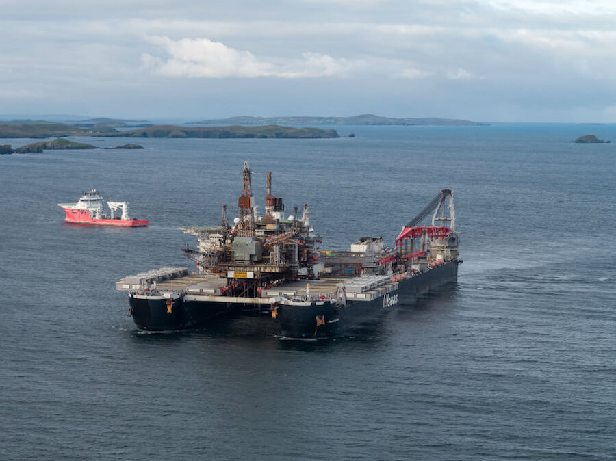 The 'Pioneering Spirit' approaches Lerwick (Courtesy Lerwick Port Authority/Rory Gillies/Shetland Flyer Aerial Media)