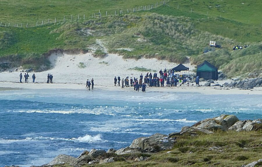 A large crew, plus cast, in attendance during filming of a scene at Meal Beach, West Burra | Alastair Hamilton