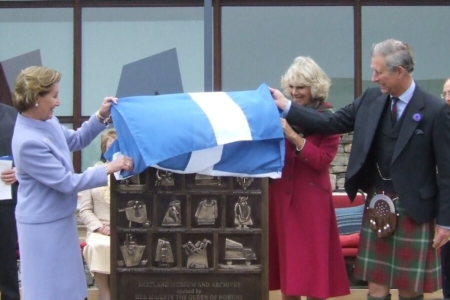 Queen Sonja of Norway joins the Duke and Duchess of Rothesay in opening the Shetland Museum and Archives. | Alastair Hamilton