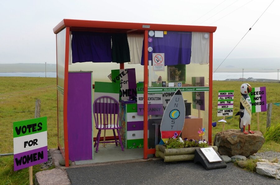 The Unst Bus Shelter, on this occasion themed to mark women's suffrage. | Alastair Hamilton