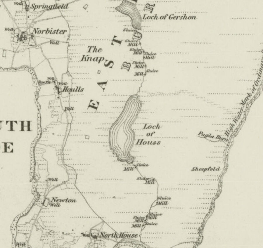 Mills and sluices served by the Lochs of Gershon and Houss are shown on the mid 19th century First Edition of the Ordnance Survey map (Reproduced with the permission of the National Library of Scotland: https://maps.nls.uk/index.html. Creative Commons Attribution (CC-BY) Licence)