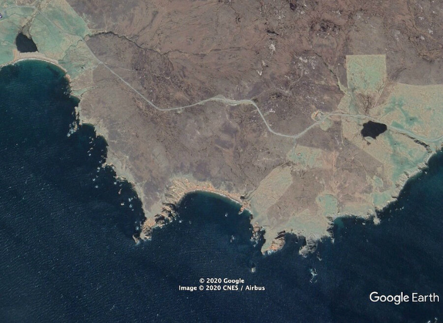 The coastline is peppered with stacks (Courtesy Google Earth)
