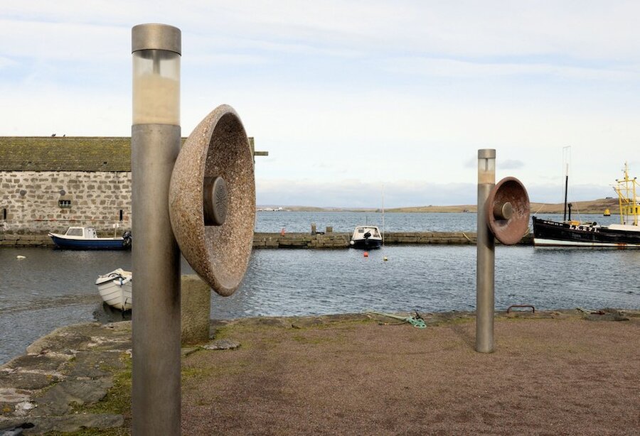 Two of the four "receivers" outside the Shetland Museum and Archives. | Alastair Hamilton