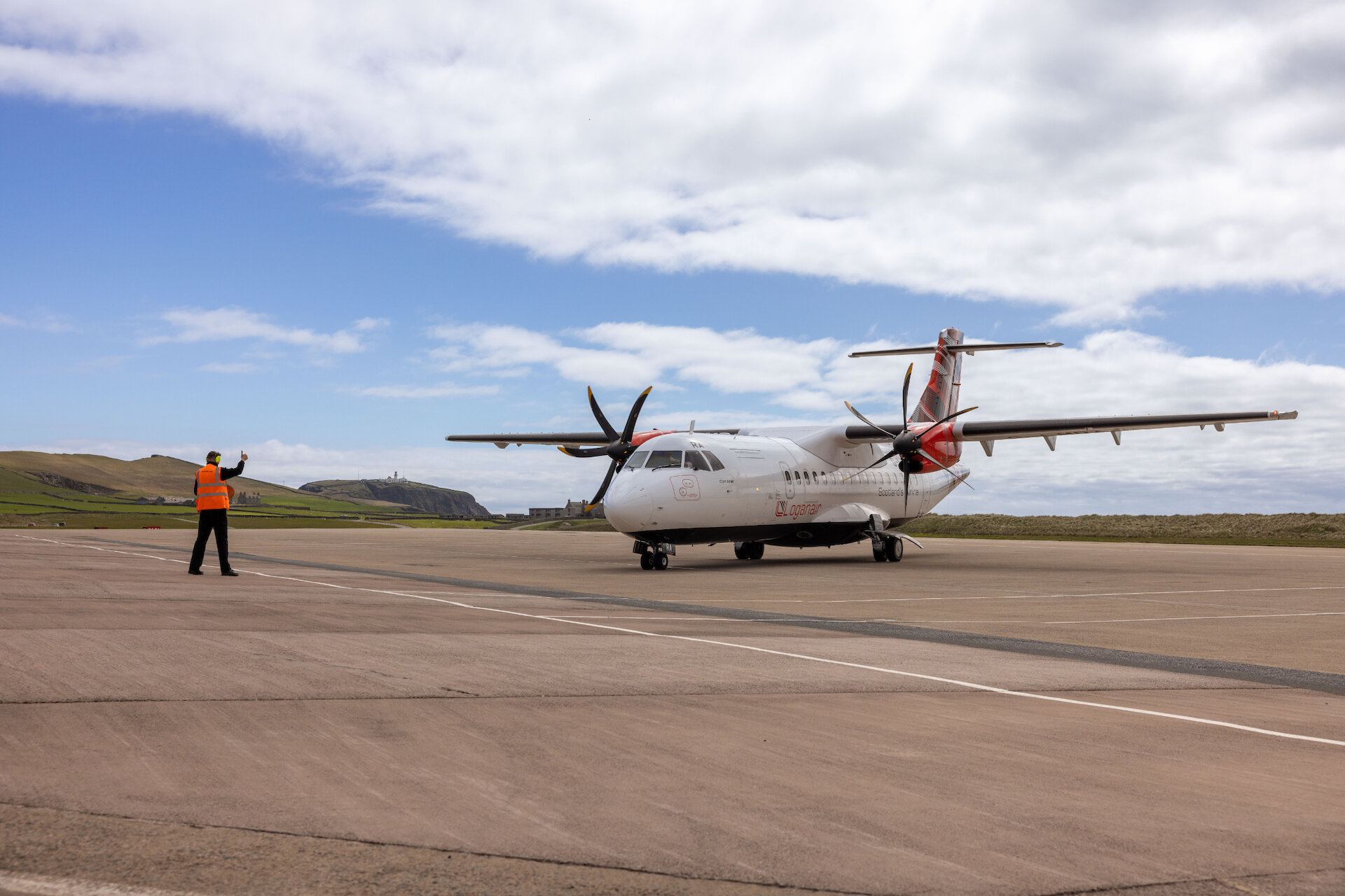 The maiden flight of Loganair's ATR aircraft travelling from London Heathrow arrives at Sumburgh Airport in Shetland. | Loganair