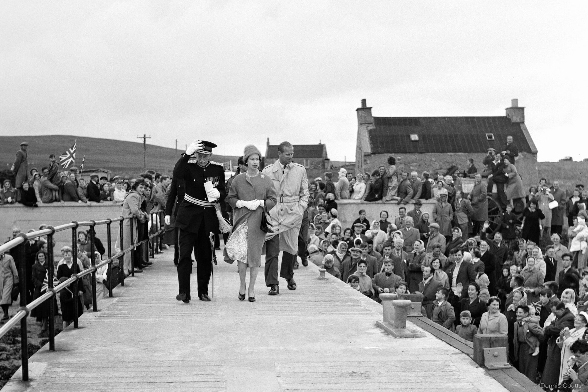 Queen Elizabeth II and Prince Phillip at Toft Pier during their 1960 visit. Photo: Dennis Coutts.