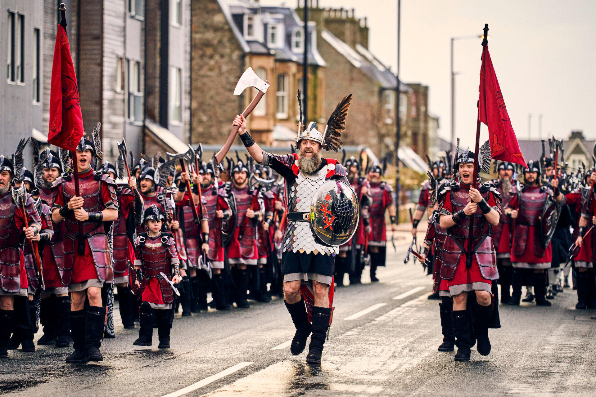 2023 Guizer Jarl, or chief Viking, Neil Moncrieff leading his squad through the streets of Lerwick on 31 January. Photo: Euan Myles/Promote Shetland.