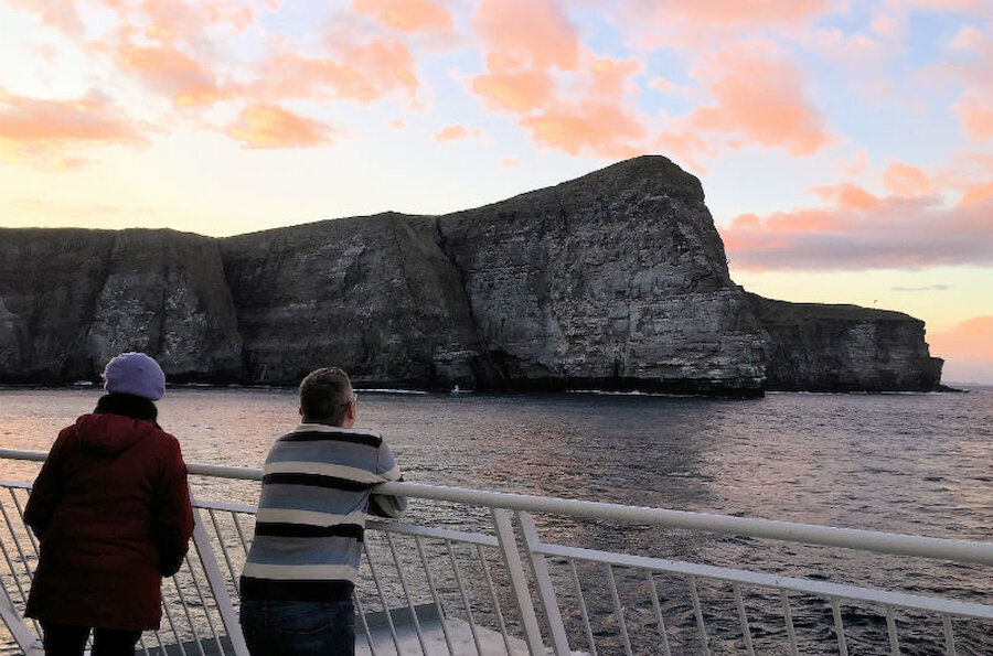 Not one of the illustrations in the book, but another view of the Noss Cliffs, this time from MV Hjaltland, one of the two ferries that link the islands with Aberdeen, on one of the rare occasions that it leaves Lerwick by the north mouth of the harbour (Courtesy Alastair Hamilton)
