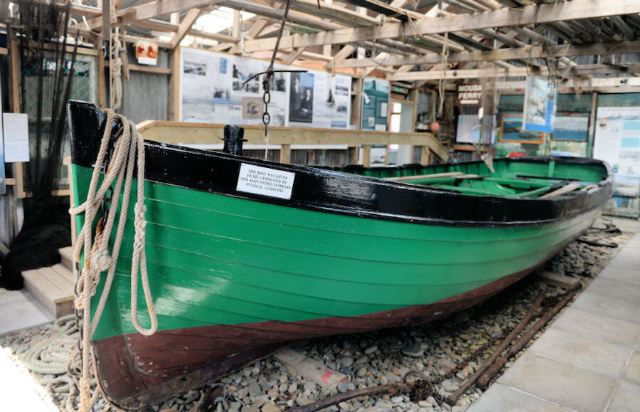 The boat once used for transporting sheep to and from Mousa has pride of place in the boatshed (Courtesy Alastair Hamilton)