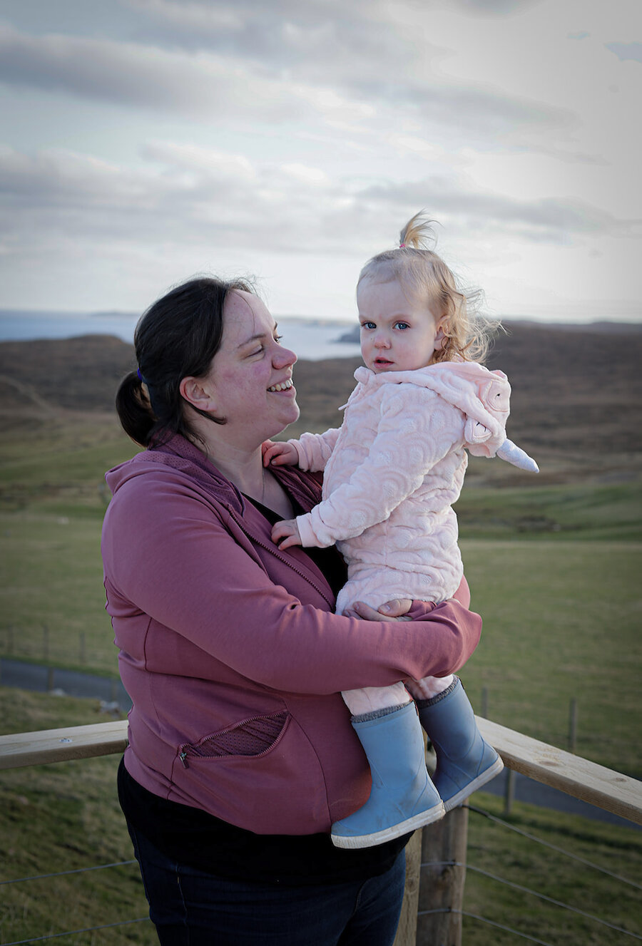 Eilidh Cameron with her 18-month-old daughter Vaila. Photographed for Promote Shetland by May Graham.