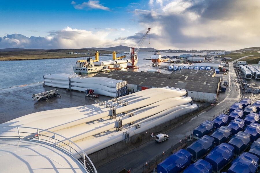 Some of the turbine blades bound for the Viking Wind Farm on the quayside in Lerwick in March 2023. Photo: Euan Myles/Promote Shetland.