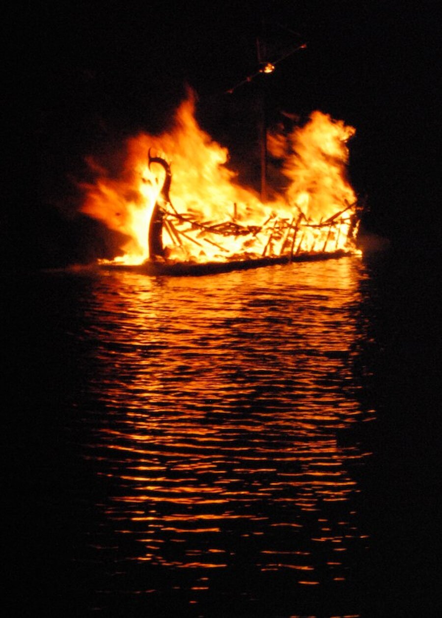 The Scalloway galley burns in the harbour (Courtesy Alastair Hamilton)