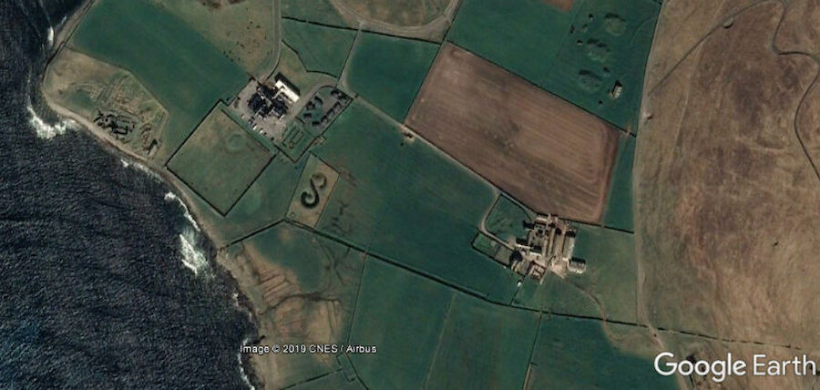 From the left: Jarlshof, Sumburgh House (now the Hotel); the S-shaped pond; and Sumburgh Home Farm (Courtesy Google Earth)