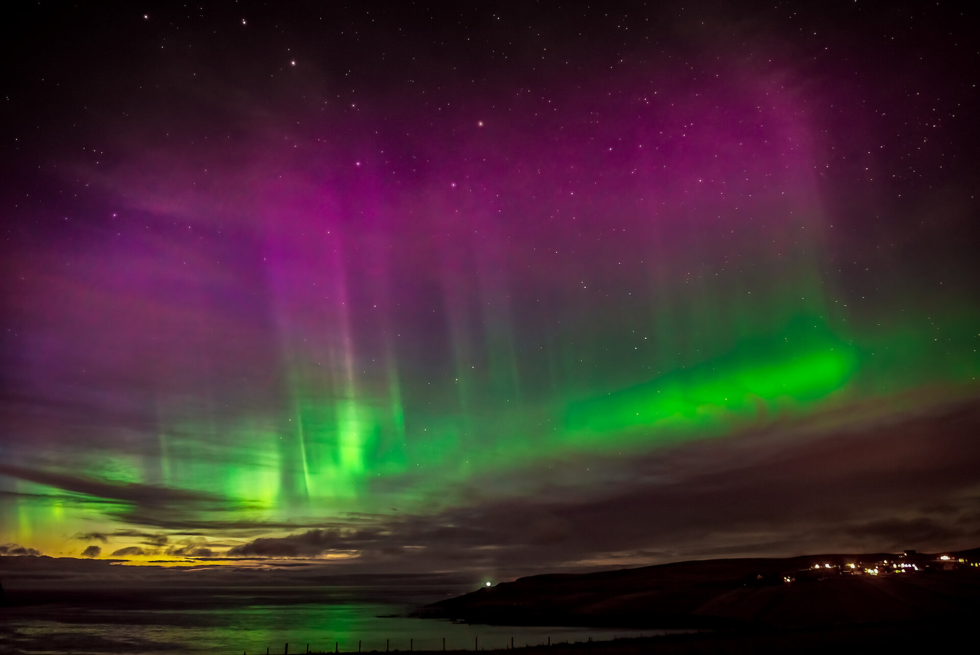 A strong and colourful aurora display over Bigton.