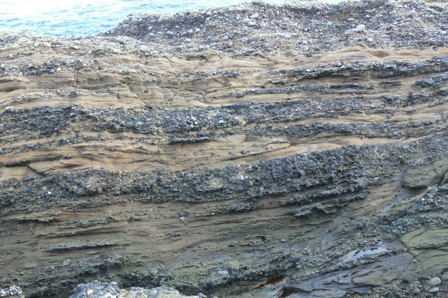 Layers of sandstone and conglomerate at Ness of Burgi