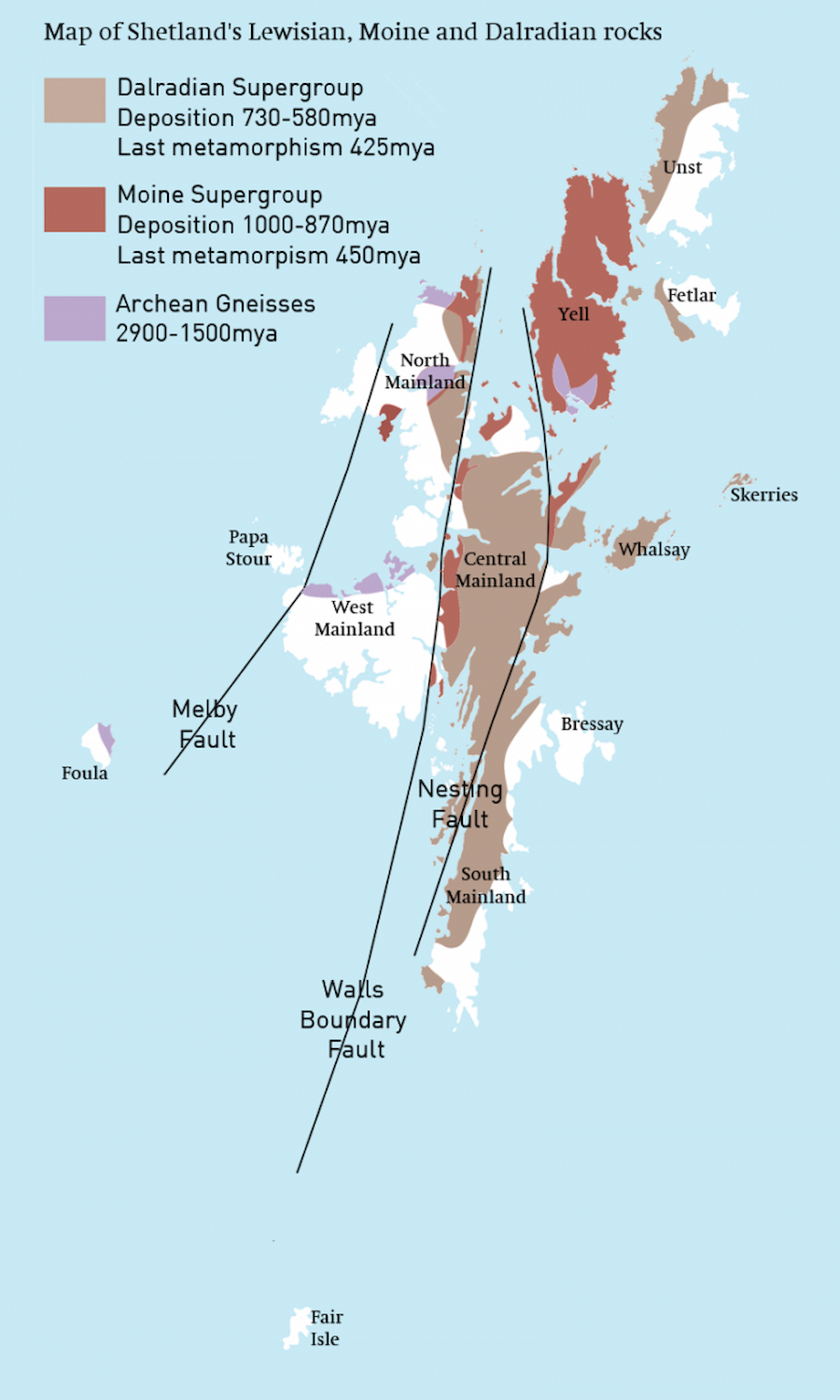 Map showing the locations of Shetland's Lewisian, Dalradian and Moine rocks.