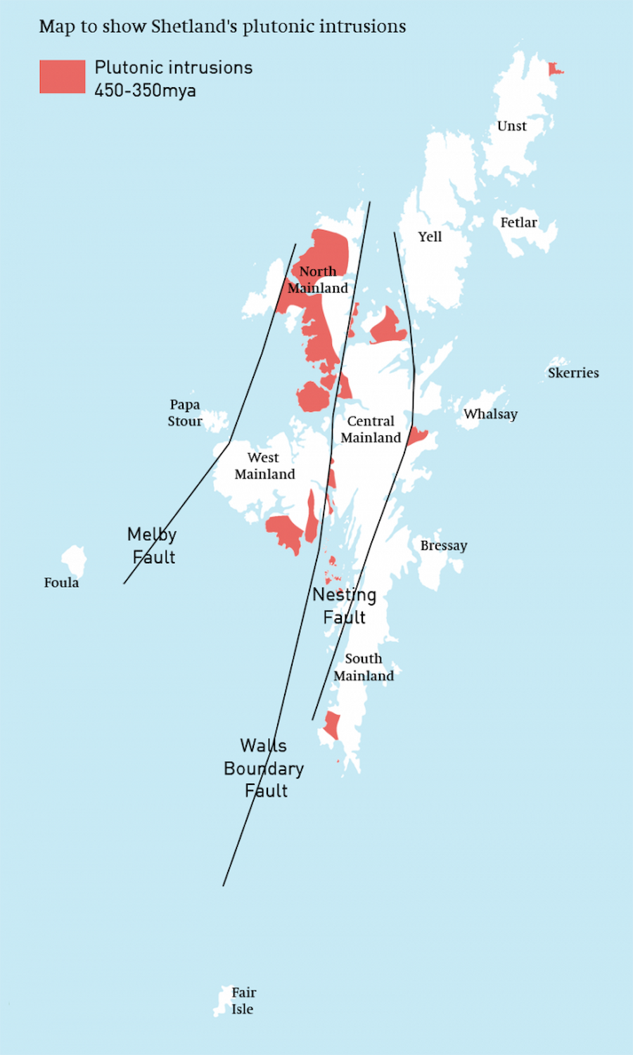 Map showing locations of Shetland's plutonic intrusions.