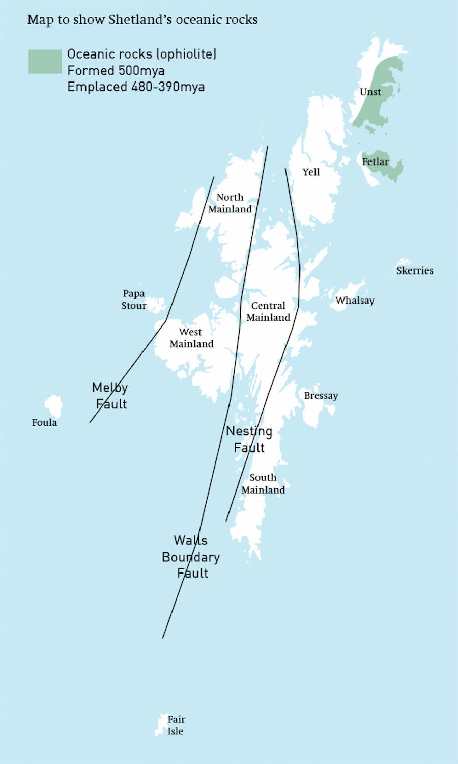 Map showing the locations of Shetland's oceanic rocks.