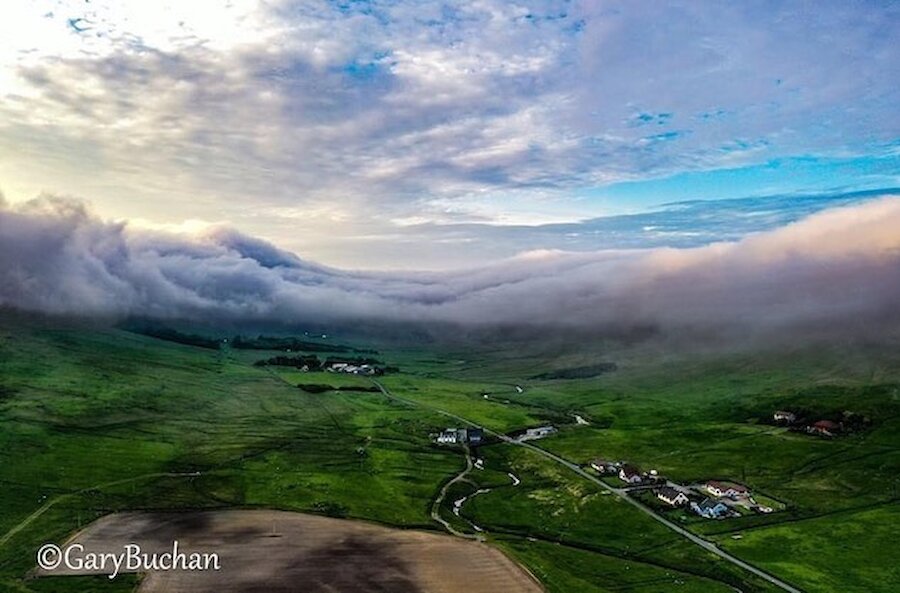 Fog rolls in over Kergord in the Weisdale Valley.