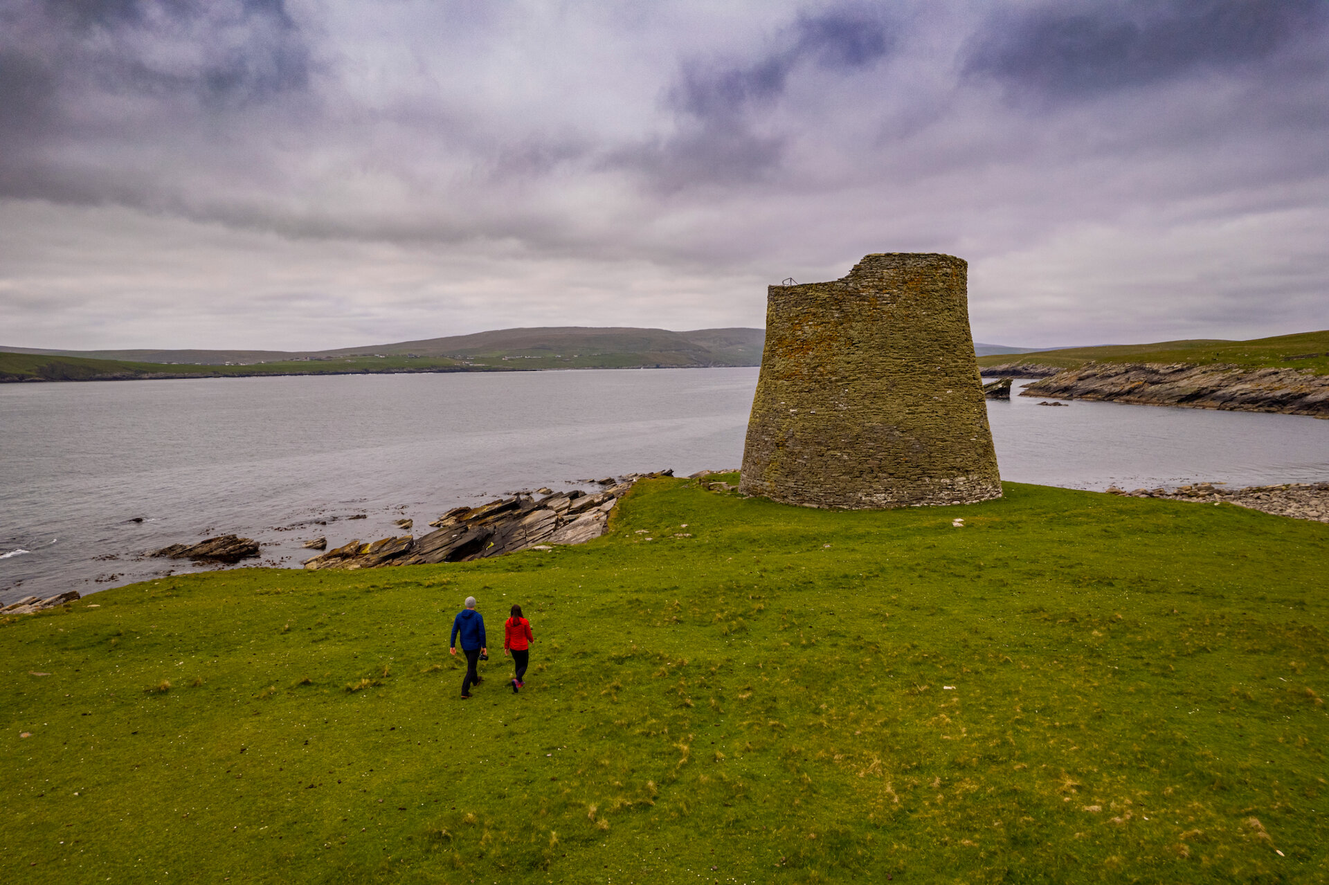 Exploring Mousa Broch, constructed in slim sandstone.