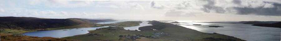 Panorama of Shetland's drowned landscape at Whiteness and Stromness.