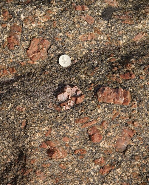 Large pink phenocrysts of potassium feldspar within a matrix of smaller crystals | Shetland Amenity Trust