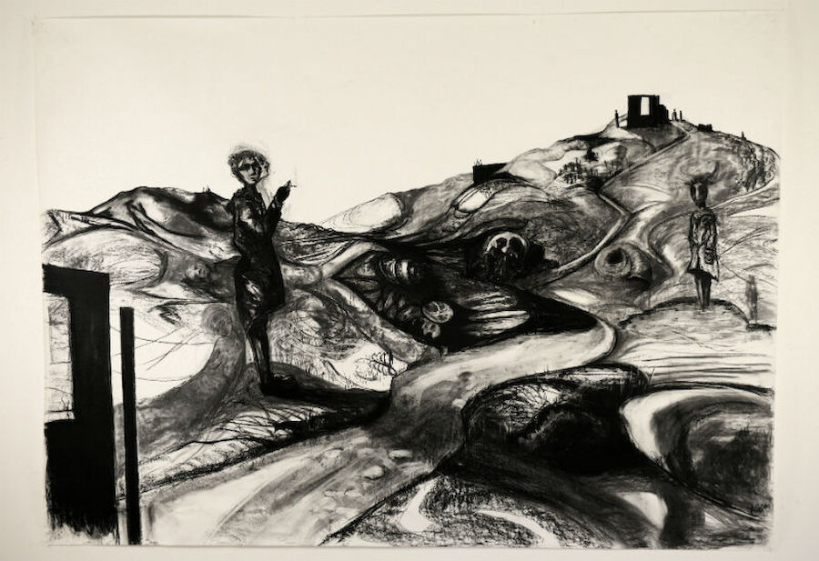 A large charcoal drawing by Susan Pearson