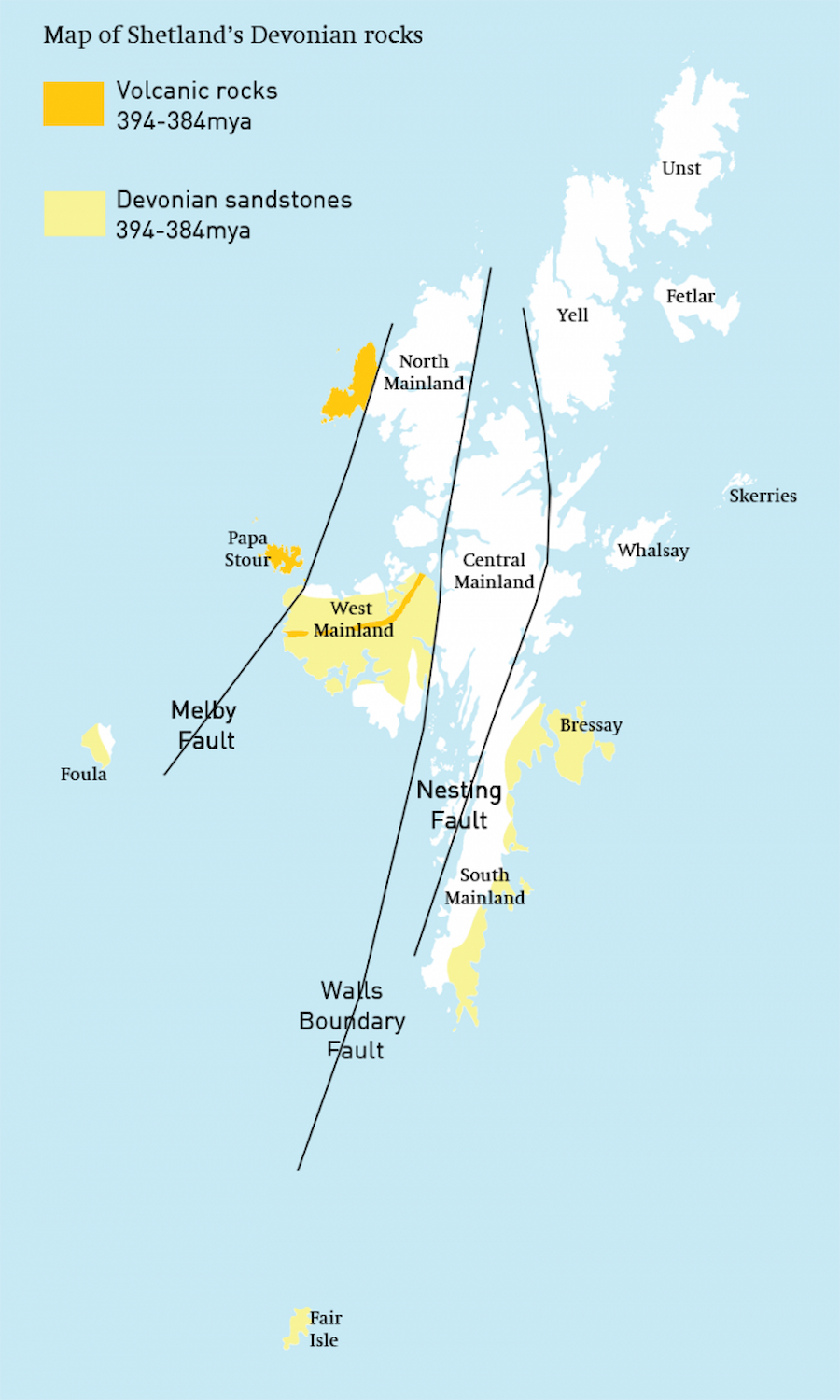 Map to show locations of Shetland's Devonian rocks