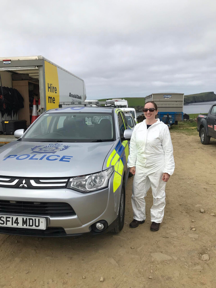 Scene of the crime ... Angela Watt in full forensics outfit ready for her appearance in 'Shetland'.